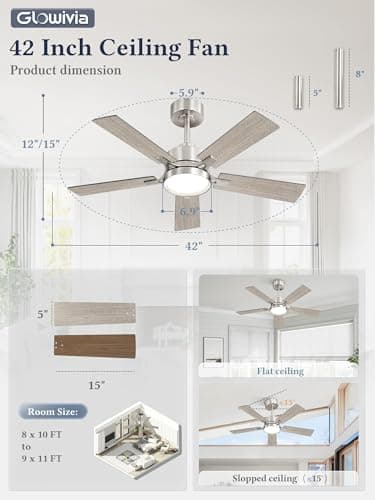 Glowivia 42 Inch Ceiling Fan with Lights and Remote, Smart APP Control, Dimmable with All-Setting Memory, Quiet DC Motor Reversible Blades, Damp Rated Modern Ceiling Fan for Bedroom Patio Living Room - Thumbnail 6