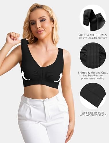 Easybunny Post Surgery Bra Front Closure Compression Bras Wireless Mastectomy Bra with Adjustable Straps Black 3XL - Thumbnail 3