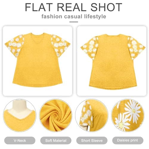 HDLTE Women Plus Size Tops Bell Sleeves Floral Print Shirt Casual Plus Size Blouse (Yellow, 2X) - Thumbnail 5