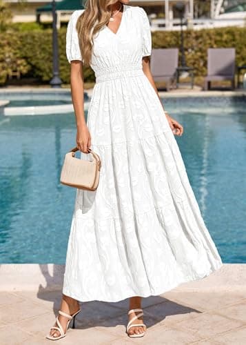 KIRUNDO Summer Dresses for Women 2026 Boho Flowy Casual Short Sleeve V Neck Elastic Waist Floral Long Baby Shower Maxi Dress(White, Small) - Thumbnail 2