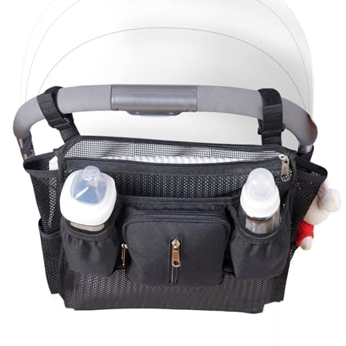 SUNVENO 2-pack Universal Stroller Organizer Caddy with Cup Holders, Wipes Pouch and Extra Storage, Zippered Mesh Side Sling for Pushchair, Black - Thumbnail 3