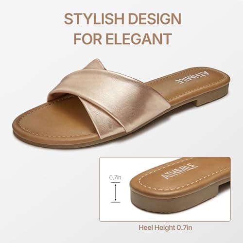 ATHMILE Sandals Women Dressy Summer Flat Comfortable Fashion Beach Cute Ladies Slides Leather Casual Dress Women's Sandals 2025 Gold Size 7 - Thumbnail 4