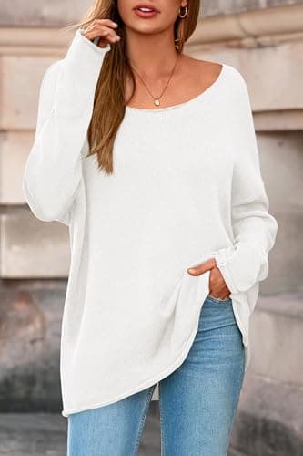 PRETTYGARDEN Women's Oversized Sweaters 2026 Casual Long Sleeve Scoop Neck Pullover Tops Loose Cozy Knit Spring Outfits(White,Medium) - Thumbnail 4