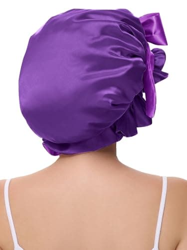 Vettres Cute Adjustable Silk Bonnet for Sleeping Double Layer Satin Cap Hair Sleep Bonnet for Curly Hair Purple - Thumbnail 4