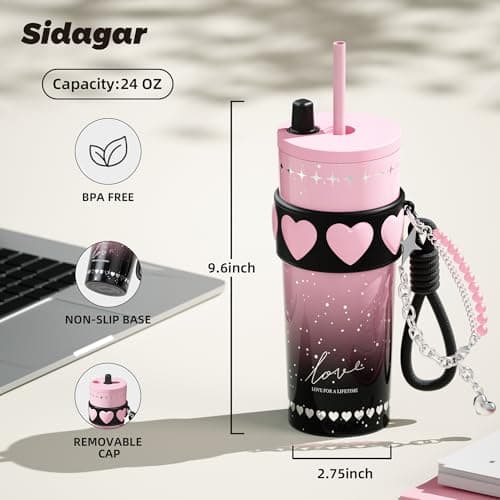 Sidagar 24 oz Stainless Steel Tumbler with Lid and Straw, Insulated Coffee Mug, Leak Proof, Portable Iced Travel Water Bottle, Reusable Thermal Coffee Cup Gift for Women, Pink - Thumbnail 2
