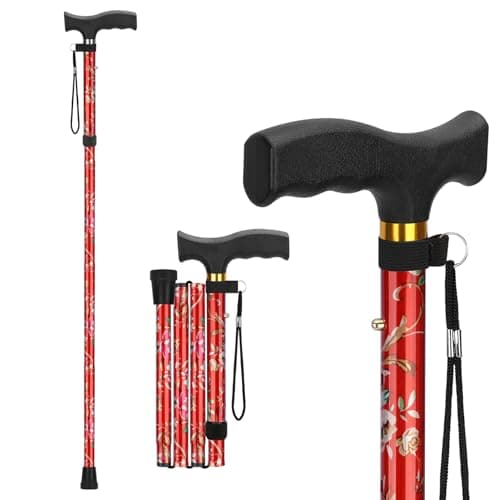 supregear Folding Cane, Lightweight 5-Level Adjustable Walking Stick with Wrist Strap and T-Handle, Portable Mobility Aid for Elderly and Disabled Men and Women, Floral Red - Image 1
