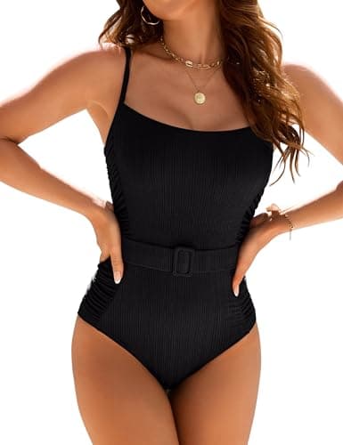 Blooming Jelly Womens One Piece Swimsuit Tummy Control Beltd Ruched Textured Bathing Suit 2026 Ladies Modest Slimming Retro Vintage Cute Swimwear (Large, Black) - Image 1