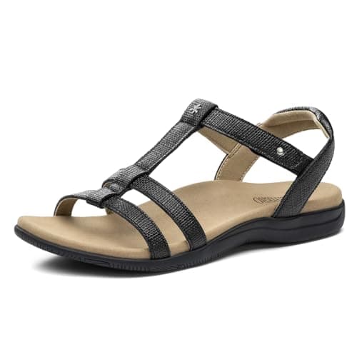 Rihero Women's Orthopedic Flat Sandals with Arch Support Comfortable Dressy Casual Walking Orthotic Flat Sandals Black Emboss Size 7 - Image 1