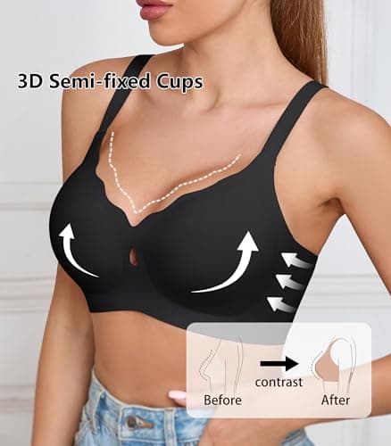 POSESHE Women Push Up Wireless Seamless Wave Support Comfortable Soft Everyday Bra Full Coverage V Neck Basic Bralettes Black - Thumbnail 2