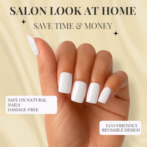White Press On Nails Short Square - No Glue Natural Elegant Acrylic Fake Nail Design for Everyday or Wedding, Easy to Apply & Remove, 24 Nails in 12 Sizes with File - Thumbnail 3
