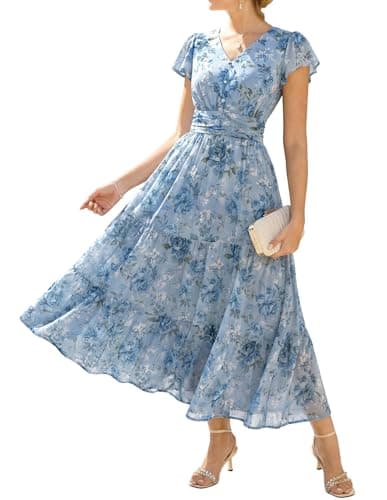 GRACE KARIN Women Summer Dress,Maxi Floral Dresses,Wedding Guest Flowy Dress Gray-Blue with Blue and White Flowers M - Image 1