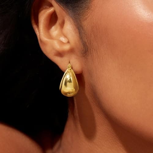 Cicy Bell Hoop Earrings for Women 18K Gold Plated Chunky Twisted Edge Drop Earrings Hypoallergenic Elegant Stylish Hanging Jewelry Gifts - Thumbnail 4