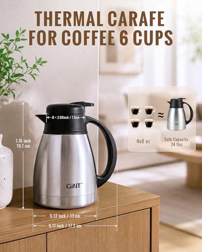 GiNT Insulated Coffee Carafe 34 Oz, Small Stainless Steel Flask for Hot Coffee with Fully Washable Detachable Lid, Portable Thermal Pitcher One-Hand Push Button Tea Dispenser for Travel Camping Office - Thumbnail 5