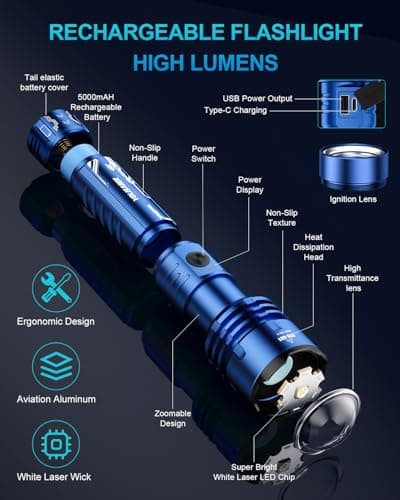 VOLISABER Flashlight 2000 High Lumens, Rechargeable Zoomable LED Tactical Flashlight with Ignition Lens, Emergency Flashlight for Camping Home Security, 5 Modes Waterproof Handheld Flashlights (Blue) - Thumbnail 5
