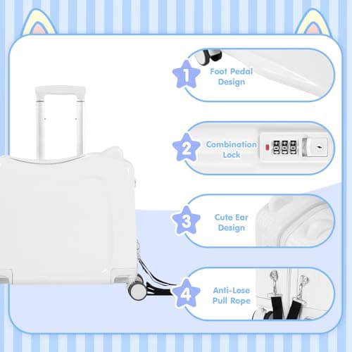 smilesun 20" Ride-On Travel Suitcase for Kids, Cute Ear Toddler Carry on Luggage with Spinner Wheels, Children Rolling Trolly Luggage with Combination Lock (Matte White with Rope) - Thumbnail 4