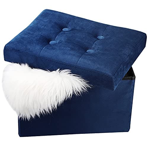 LINMAGCO Small Velvet Ottoman with Storage Rectangle Foot Rest Under Desk Stool for Room Folding Ottoman Furniture with Button turfted-Navy 16X12X12IN - Image 1