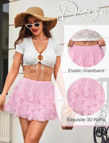 Avidlove Pink Mini Skirt Mesh Ruffled Women Skirts Y2K Dating Casual Hangout Outfit L - Thumbnail 3