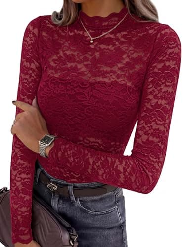 PRETTYGARDEN Womens Lace Long Sleeve Top Mesh Sheer Blouses Mock Neck See Through Slim Fitted Tops 2026 Fall Fashion Clothes (Wine red,Medium)