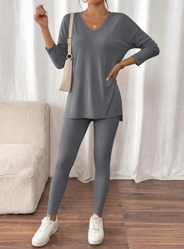 BTFBM Two Piece Sets for Women 2026 Casual Lounge Set Matching Oversized Shirts Leggings Workout Airport Travel Outfits(Grey, Medium) - Thumbnail 2