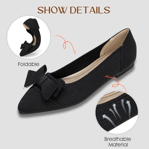 AHZEHRSE Women's Flats Shoes Ballet Flats Shoes for Women Dressy Work Slip On Comfortable Flats Classic Knit Pointed Toe Flats with Bow Black - Thumbnail 6