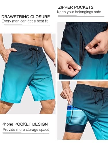 SILKWORLD Mens Swimming Trunks with Compression Liner 2 in 1 Quick-Dry Swim Shorts with Zipper Pockets, Gradient-Grey Blue, Small - Thumbnail 4