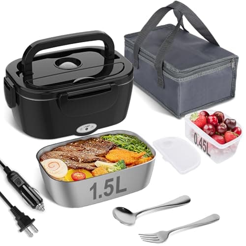 Vabaso Electric Lunch Box for Adults, 80W Heated LunchBox Portable Food Warmer Lunch Box for Work/Men/Car/Truck with 1.5L 304 Stainless Steel Container Fork & Spoon, 110V/12V/24V - Image 1