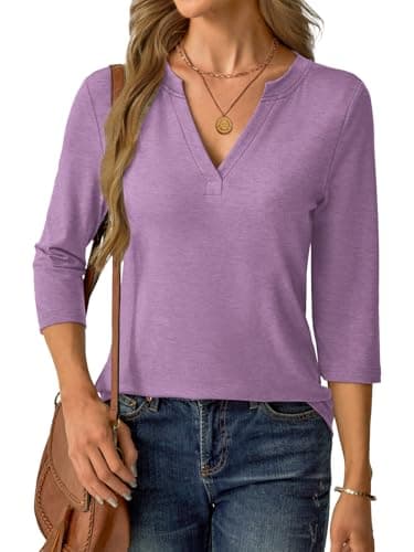 Womens Tops 3/4 Sleeve V Neck Spring Summer Work Tunic Shirts Business Dressy Casual Blouses A- Purple - Thumbnail 2