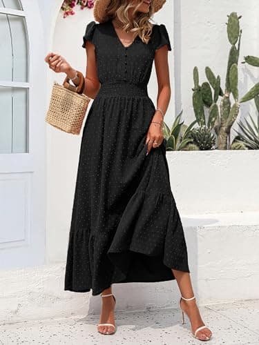 PRETTYGARDEN Womens 2026 Spring Swiss Dot Maxi Dress Short Sleeve V Neck Smocked Waist Ruffle Tiered Flowy Long Party Dresses(Black, Large) - Thumbnail 2