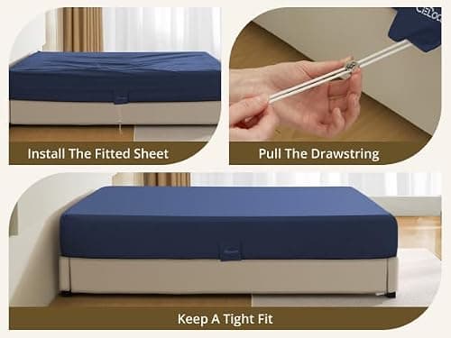 Queen Fitted Sheet Only with Drawstring and 360° Elastic Strap for Tight Fit, 100% Long-Staple Cotton Fitted Queen Sheet, Luxury Soft and Comfort, No Slippage, Deep Pocket Fits 8" to 16" Mattress - Thumbnail 3