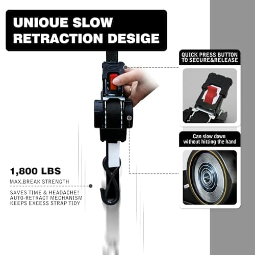 Retractable Ratchet Straps1In x 13Ft - Heavy Duty Auto Slow Retraction Tie Down Straps - 1,800lb Break Strength Self Retracting for Truck, Cargo Trailer, Motorcycle, ATV, UTV - Black, 4Pack - Thumbnail 2