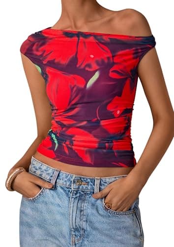 PRETTYGARDEN Women's Off Shoulder Tops 2026 Summer Going Out Crop Tank Tops Spring Fashion Ruched Asymmetrical Floral Mesh Tight Sexy Y2K Shirts Clothes (Blue Red Flower,XL) - Image 1