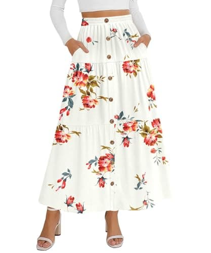KUOTAI Maxi Skirts for Women Summer Boho Casual Elastic High Waist Tiered A-Line Long Skirt with Pockets, Rose Gold Leaf White, Medium - Image 1