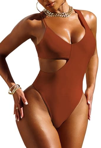 Pink Queen Women's Cutout One Piece Swimsuit High Cut Tummy Control Bathing Suit Monokini Swimwear Brown L - Image 1