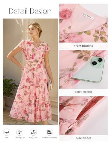 GRACE KARIN Women Summer Dress,Maxi Floral Dresses,V Neck Wedding Guest Flowy Dress 2026 Grayish-Pink with Pink Rose XL - Thumbnail 3