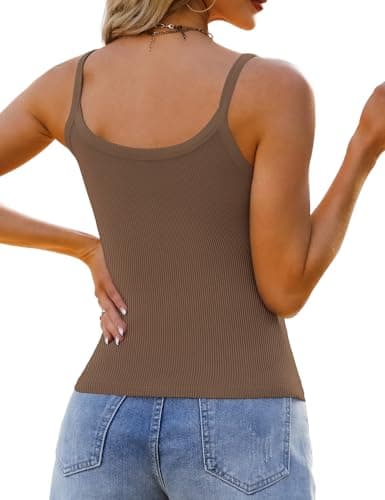 GKBK 2 Pack Womens Sleeveless Tank Top Form Fitting Spaghetti Strap Scoop Neck Ribbed Knit Workout Lounge Basic Slim Fitted Crop Summer 2026 Cami Layering Casual Shirts Brown Khaki XS - Thumbnail 3