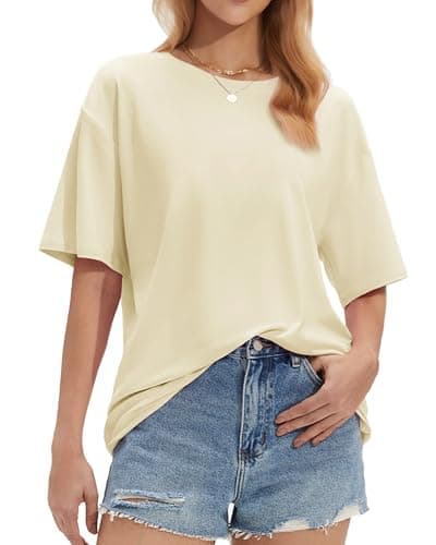 Stelle T Shirts for Women Crew Neck Short Sleeve Summer Tops Loose Fit Soft Basic Tee Shirt Creme Medium - Image 1