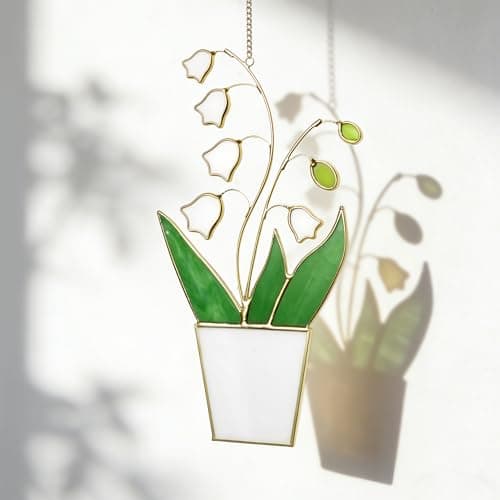 Real Stained Glass Lily of The Valley Suncatcher - Lifelike 3D Sculptural Floating Flowers Window Hanging, Tiffany-Style Premium Gold-Tone Finish, May Birth Flower & Plant Lover Gift for Grandma, Mom - Image 1