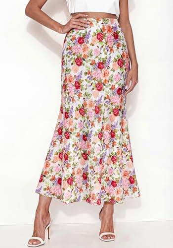 BTFBM Midi Skirts for Women 2026 Summer Spring Lightweight A Line High Waisted Wedding Guest Party Silk Long Skirt(Floral White Multicolored, Small) - Thumbnail 5