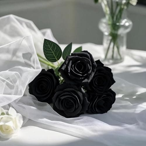 Wenhuidr 12pcs Black Roses Artificial Flowers – Realistic Silk Velvet Fake Rose with Long Stems for Valentines Day Wedding Bouquets Home Decoration Party Centrepieces & DIY Floral Arrangements - Thumbnail 6