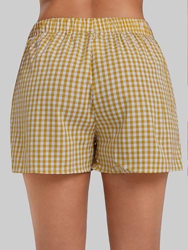 Sunzel Women's Gingham Plaid Boxer Shorts – Elastic Waist Loose Fit Pajama Lounge Shorts Y2K Summer Beach Casual Pj Bottoms Yellow Plaid Medium - Thumbnail 3