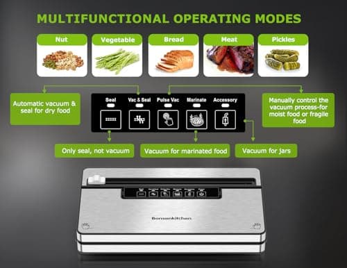 Bonsenkitchen Vacuum Sealer Machine, Stainless Steel Food Sealer Vacuum Sealers with 1 Roll & 5 Bags, 5 Food Vacuum Modes, Built-in Cutter & Bag Storage (Silver Black) - Thumbnail 2