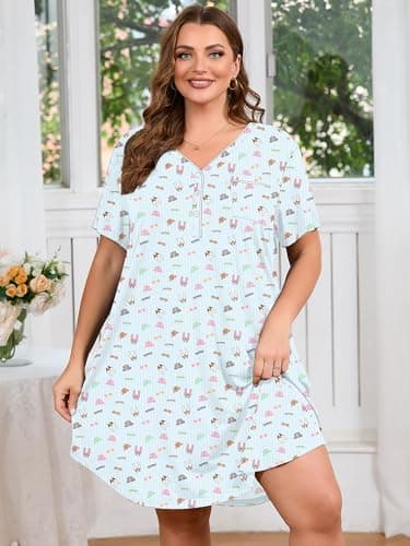 AusLook Plus Size Floral Nightgown for Women Midi Sleep 2X Dress Short Sleeve V Neck Flowy Lounge House Dress Casual Printed Night Dress - Thumbnail 2