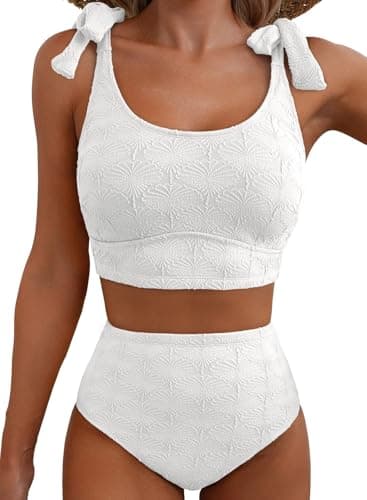 Herseas Womens High Waisted Bikini Set Seashell Textured Tie Shoulder Swim Suits Full Coverage Removable Padding 2 Piece Bathing Suit Cute Beach Vacation Clothes for Teens White X-Small - Image 1
