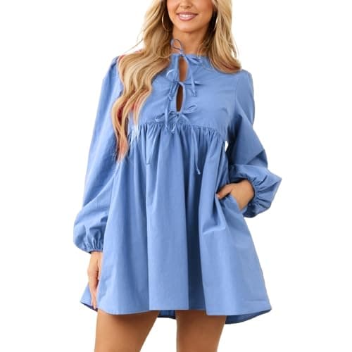 materasu Women’s Long Sleeve Tie Neck Mini Dress Loose Babydoll Casual Flowy Tunic Dress - Image 1