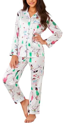 PATPAT Kids Girls Satin Pajama Set with Storage Bag - Silky Long Sleeve Sleepwear with ButtonDown Top and Pants,White Festive Ski Size 11-12 Years - Image 1