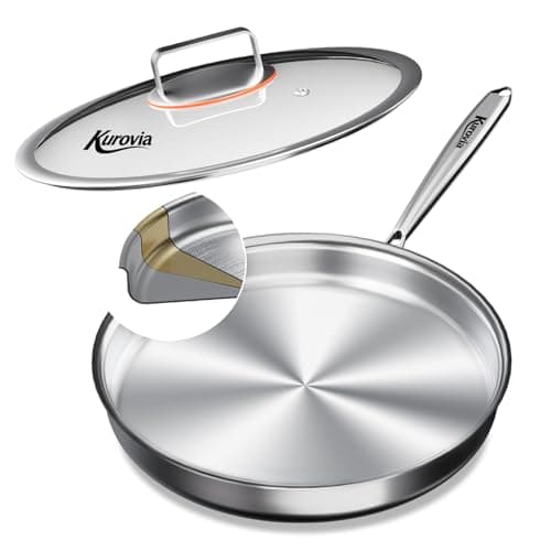 Kurovia Tri-Ply Stainless Steel Frying Pan, Compatible with All Cooktops Up to 600℉, Large Frying Pan with lids, Induction-Ready Skillet, Dishwasher and Oven Safe, Even Heat (12.4 Inch) - Image 1