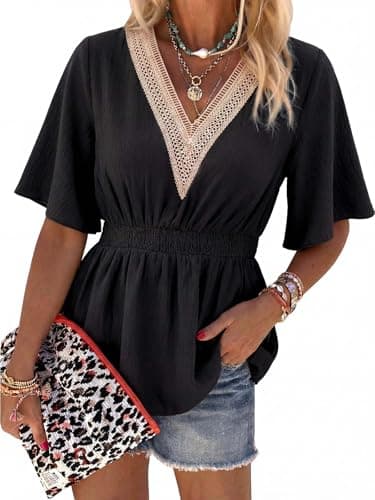 Womens Peplum Tops Summer Lace Short Sleeve V Neck Shirts Dressy Casual Babydoll Blouses