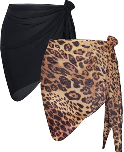 2 Pieces Sarong Cover Ups for Women Beach Bathing Suit Wrap Sheer Short Skirt Bikini Chiffon Scarf for Swimwear (Brown Leopard and Black) - Image 1