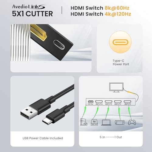 avedio links 8K HDMI2.1 Switch with Remote 5x1, 5 in 1 Out HDMI Splitter with Remote, Auto Switch HDMI Selector Box Support 4K@60Hz, HDCP2.3, HDR, 3D, for PS5, Xbox, Fire Stick, Blu-ray, HDTV - Thumbnail 5