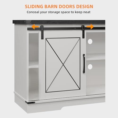 IDEALHOUSE Farmhouse TV Stand for TV up to 65 Inch, Entertainment Center with Sliding Barn Doors and Adjustable Shelves, Mid Century Modern Media Console Table for Living Room, White & Black - Thumbnail 4
